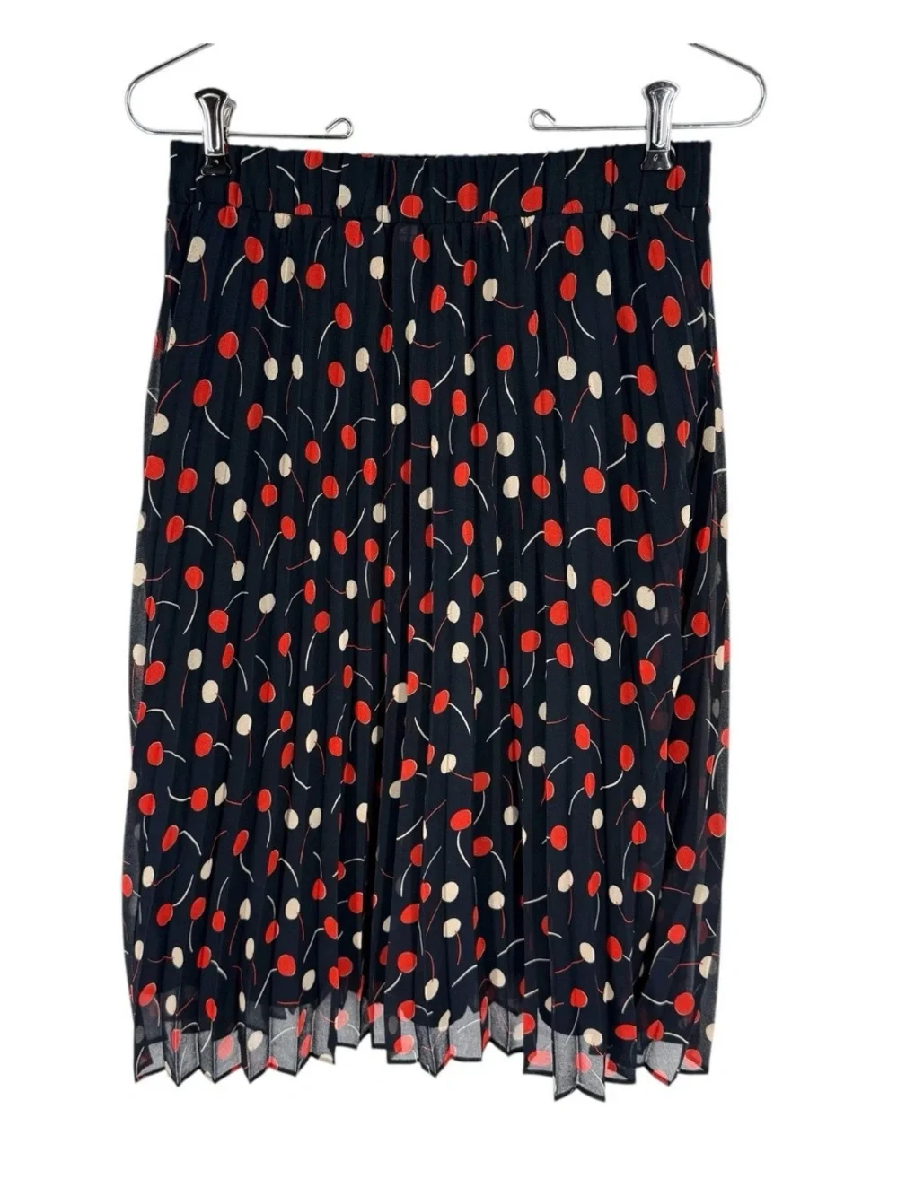 Ann Taylor Pleated Skirt Womens Size XSP Navy Cherry Novelty Print Flowy Lined